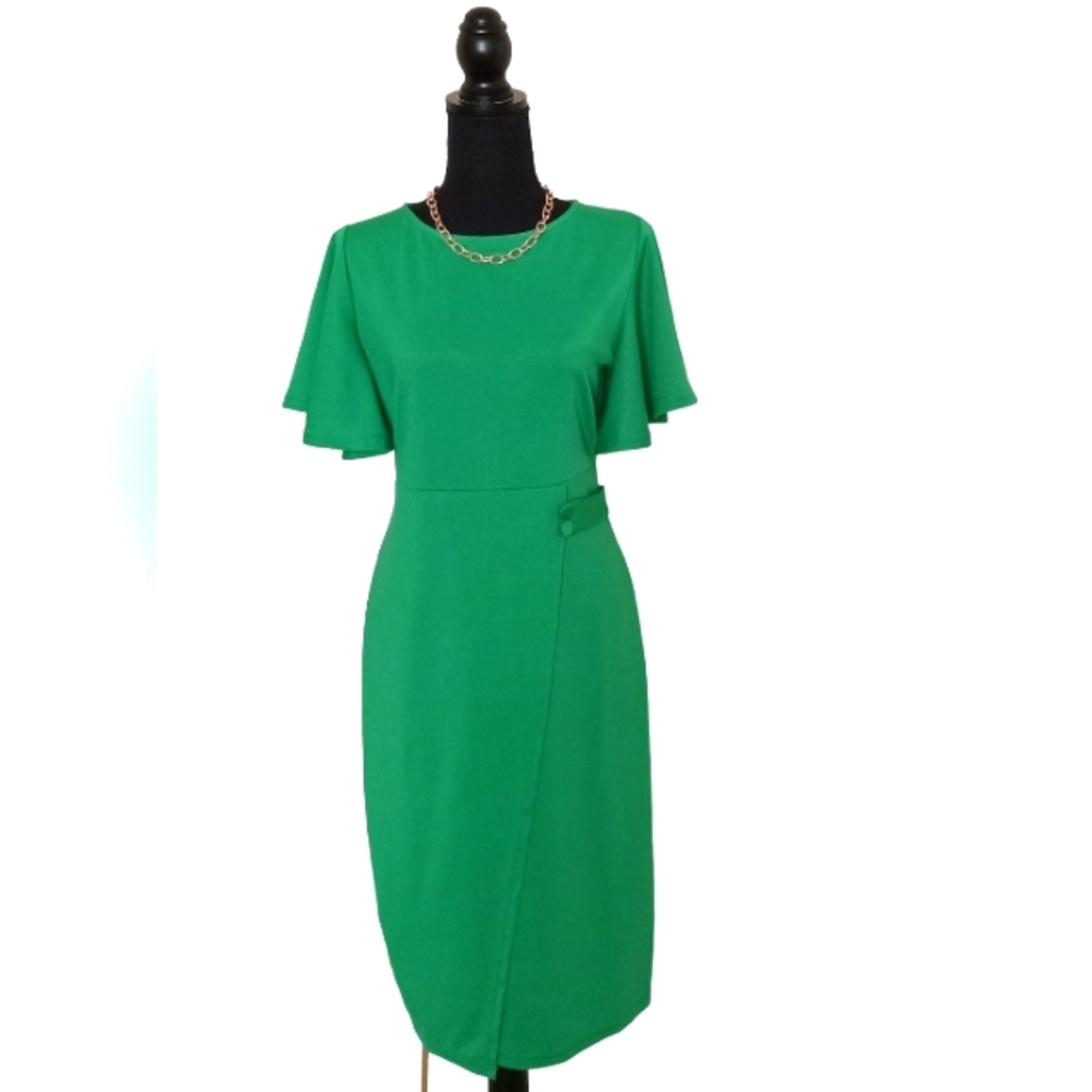 Midi Bodycon Green Metamorphosis Girl Ruffle Sleeve Dress Size LX. - Picture 4 of 10